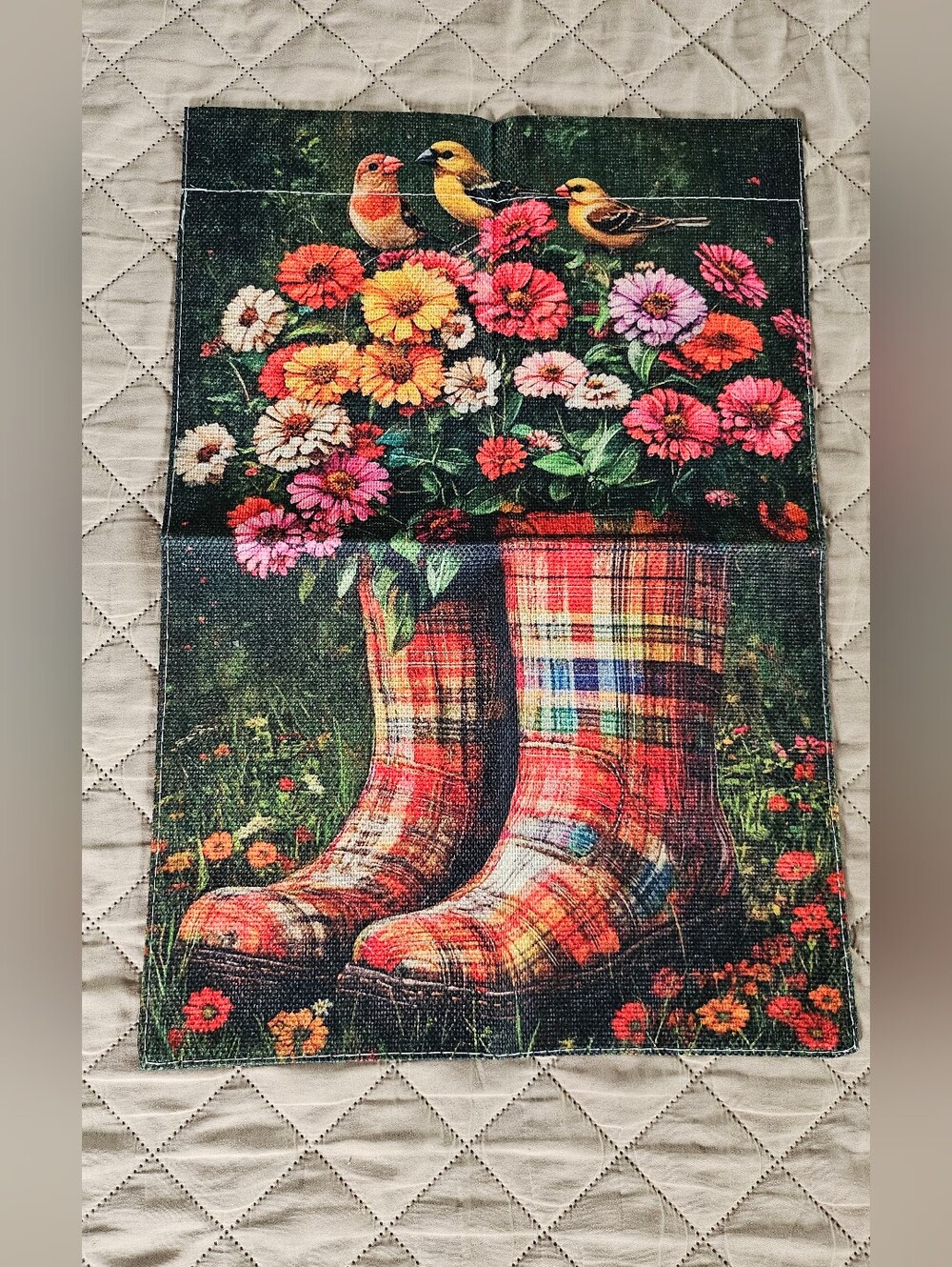 Garden flag,  fall themed,  rain boots with mum flowers and birds, new double si